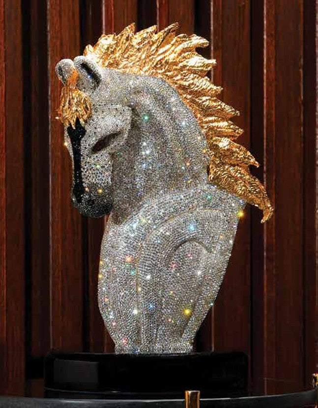 Painstakingly hand-decorated Arabian horse head sculpture with 24 Karat gold mane and crystal chatons 