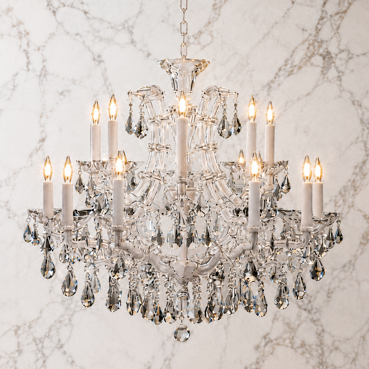 Maria Theresa 16-Light Arctic White with Satin Silver Asfour Crystal Chandelier for Dining Room