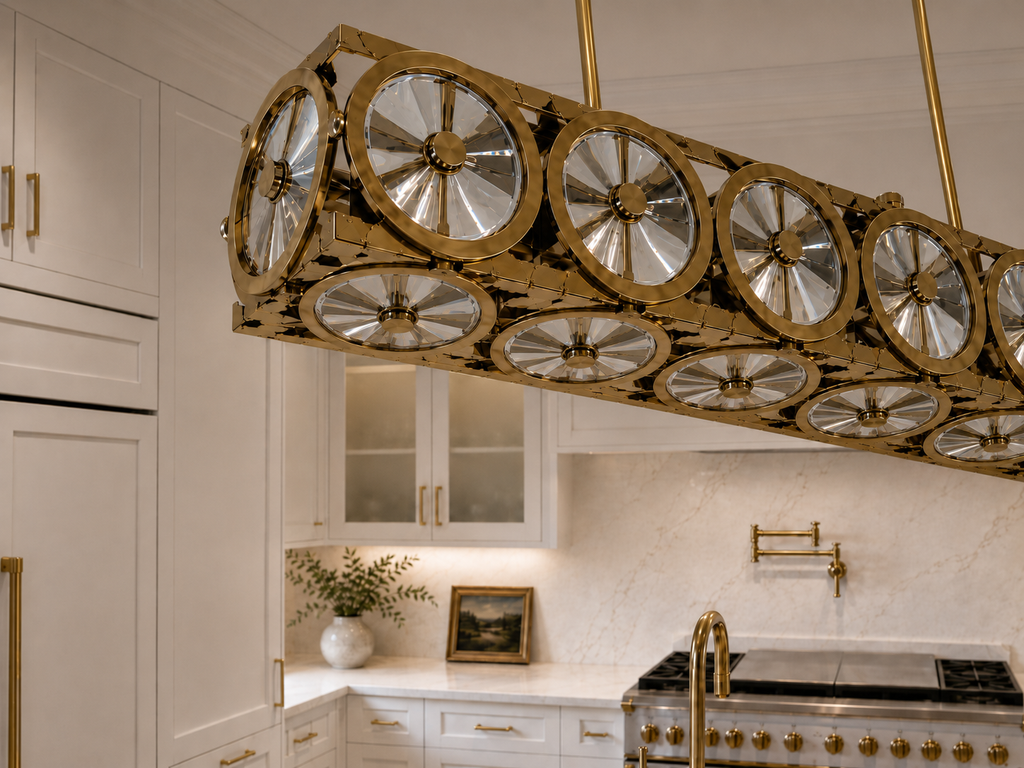 Locomotive Linear Chandelier in Warm Brass