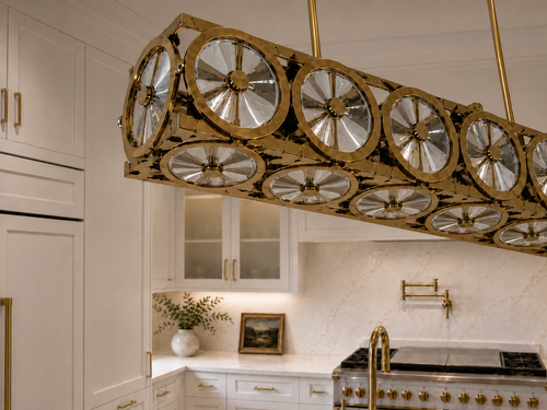 Locomotive Linear Chandelier in Warm Brass