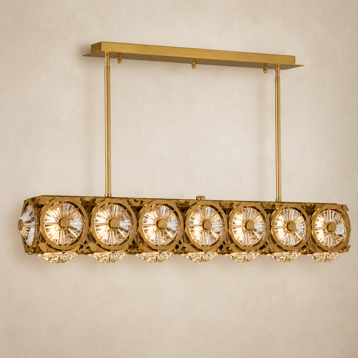 Locomotive 7-Light Warm Brass Asfour Crystal Linear Chandelier for Dining Room